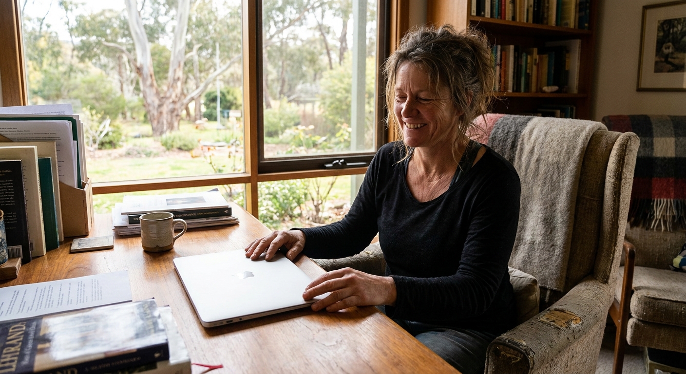 Professional computer clean-out in Bullarto (3461) — a happy Victoria resident at home with a spotless, fast, quiet machine