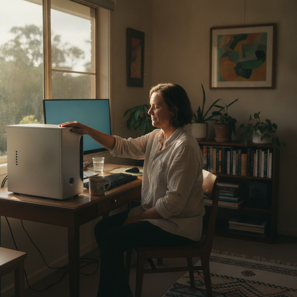 Professional computer clean-out in Bundagen (2454) — a happy New South Wales resident at home with a spotless, fast, quiet machine