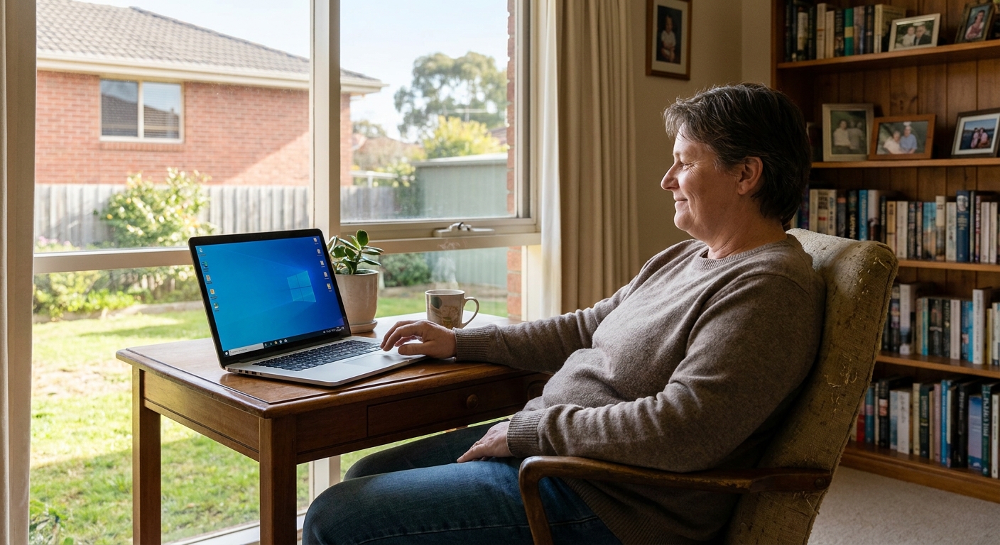 Professional computer clean-out in Bundoora (3083) — a happy Victoria resident at home with a spotless, fast, quiet machine