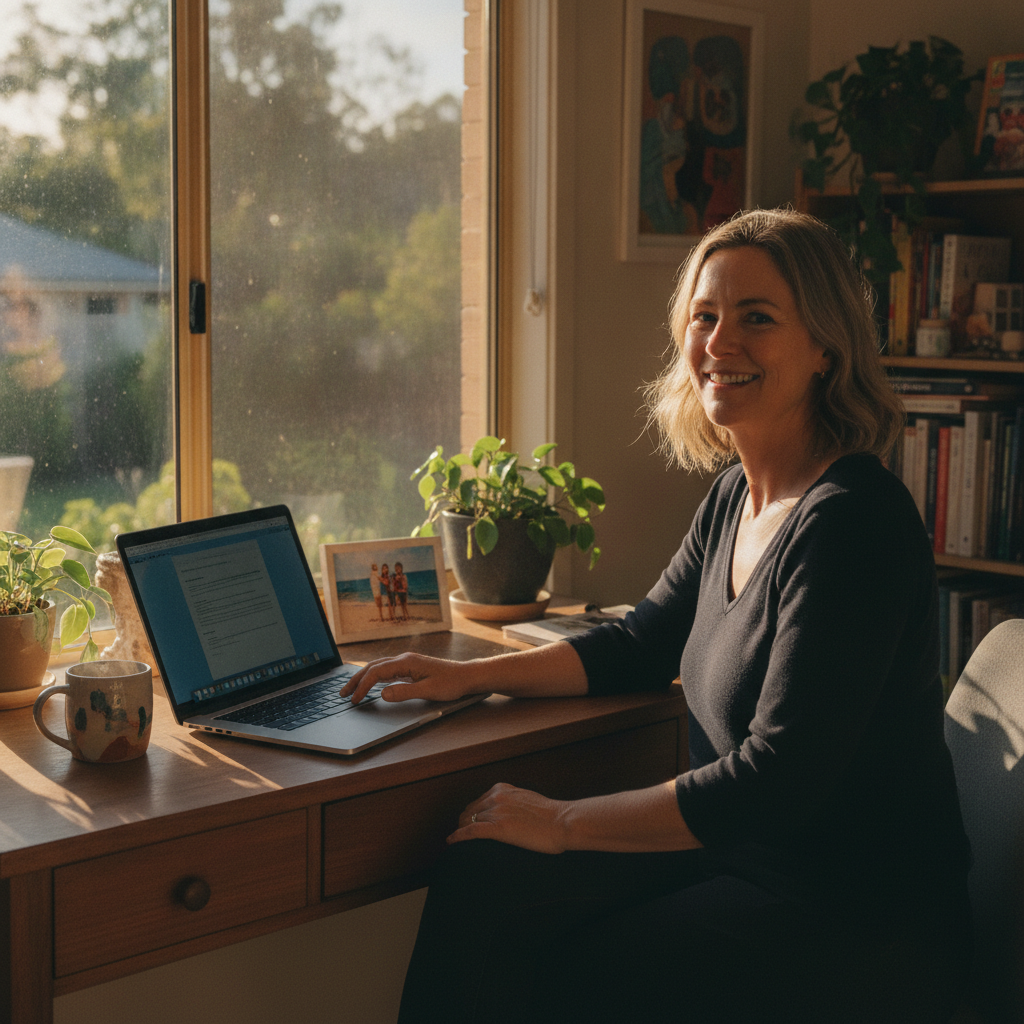 Professional computer clean-out in Buranda (4102) — a happy Queensland resident at home with a spotless, fast, quiet machine