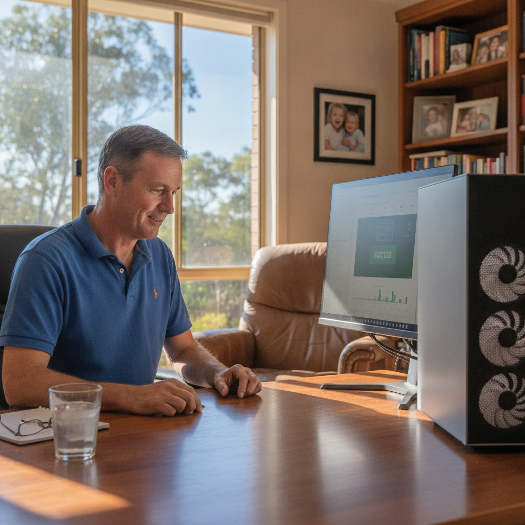 Professional computer clean-out in Burbank (4156) — a happy Queensland resident at home with a spotless, fast, quiet machine