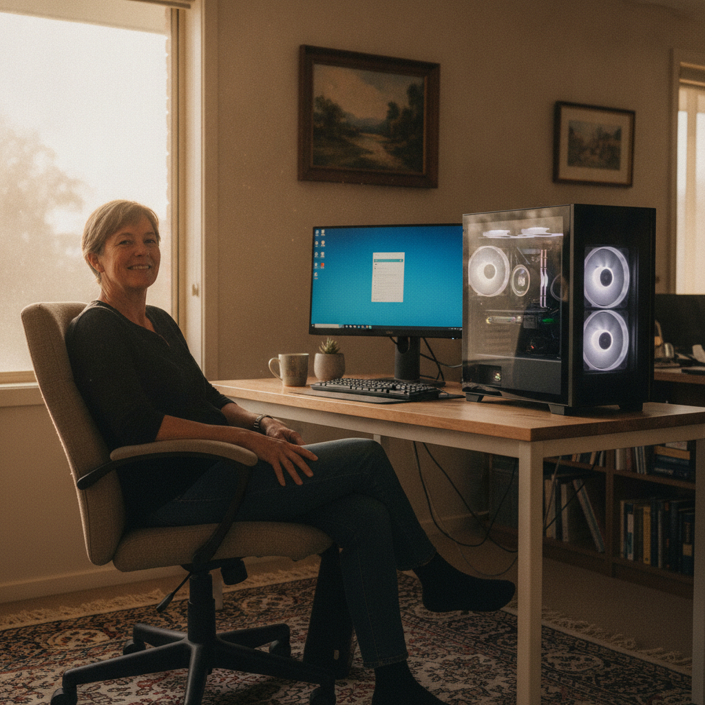 Professional computer clean-out in Burroway (2821) — a happy New South Wales resident at home with a spotless, fast, quiet machine