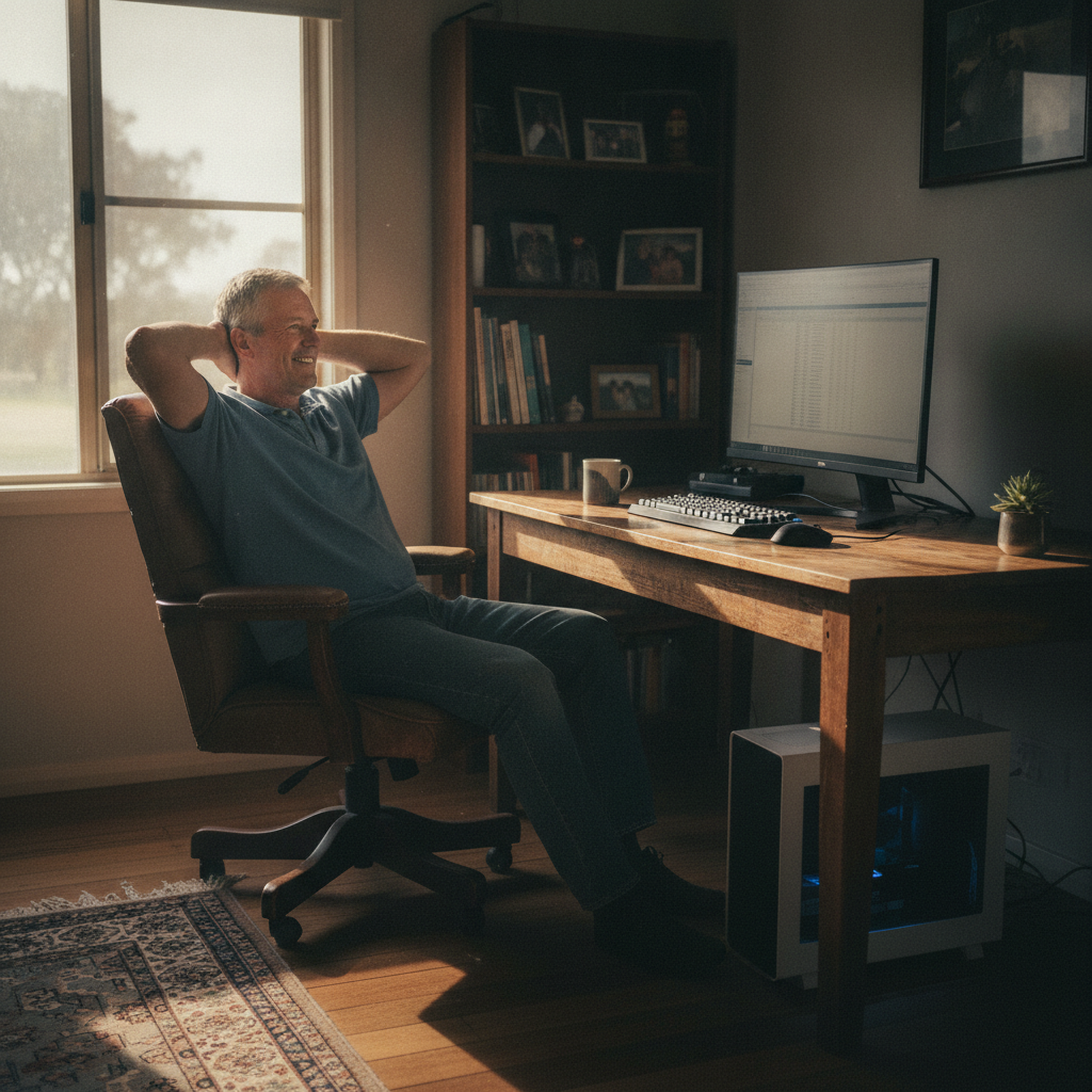 Professional computer clean-out in Burrumbuttock (2642) — a happy New South Wales resident at home with a spotless, fast, quiet machine