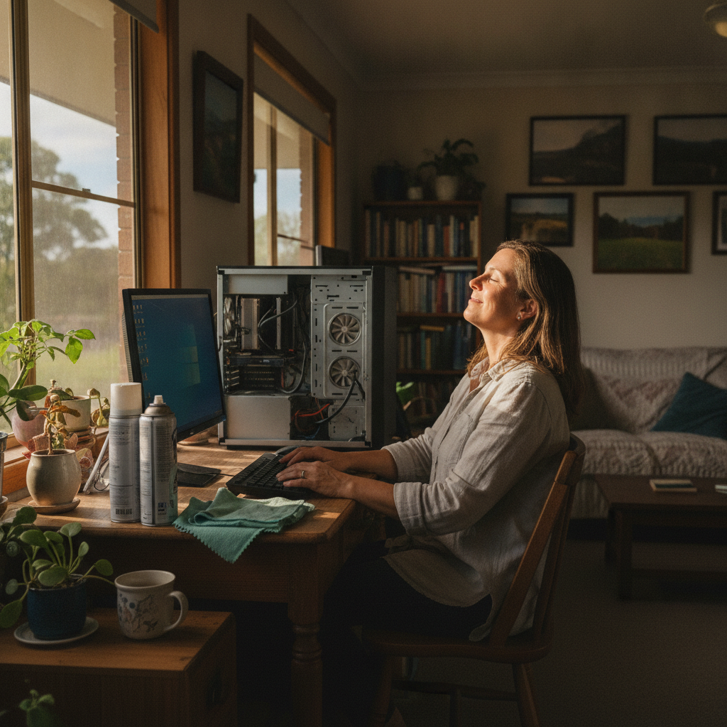 Professional computer clean-out in Byangum (2484) — a happy New South Wales resident at home with a spotless, fast, quiet machine