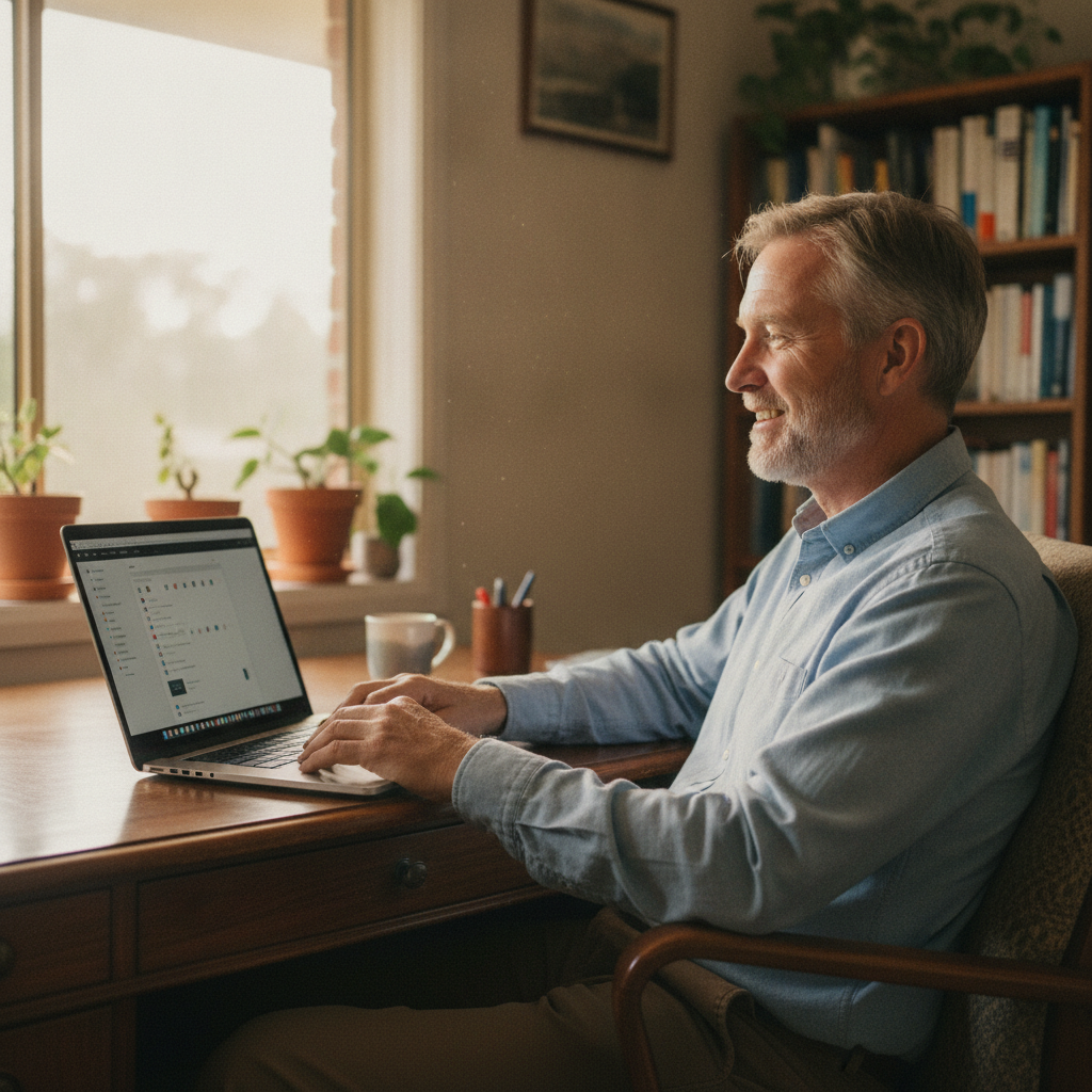 Professional computer clean-out in Calderwood (2527) — a happy New South Wales resident at home with a spotless, fast, quiet machine