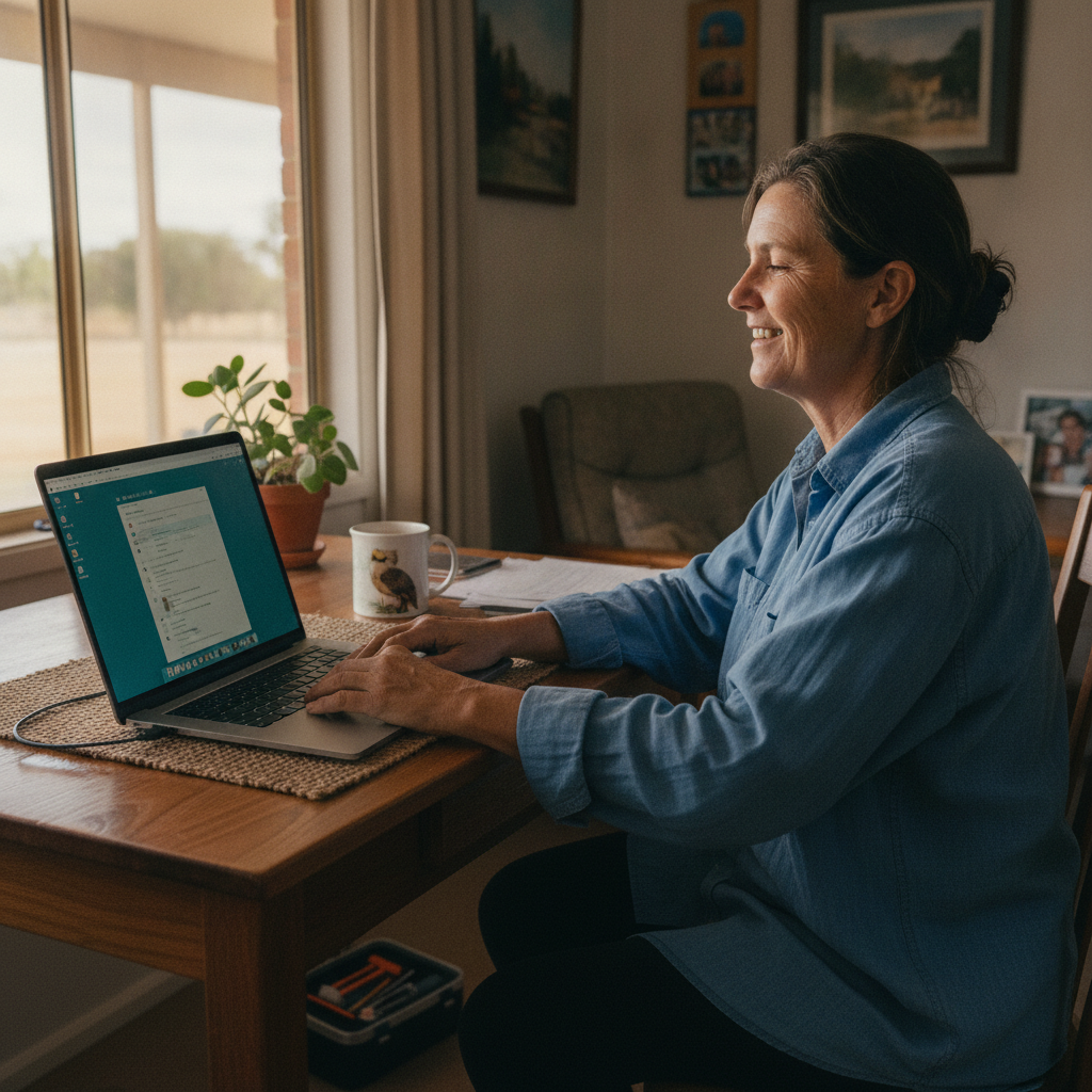 Professional computer clean-out in Calimo (2710) — a happy New South Wales resident at home with a spotless, fast, quiet machine