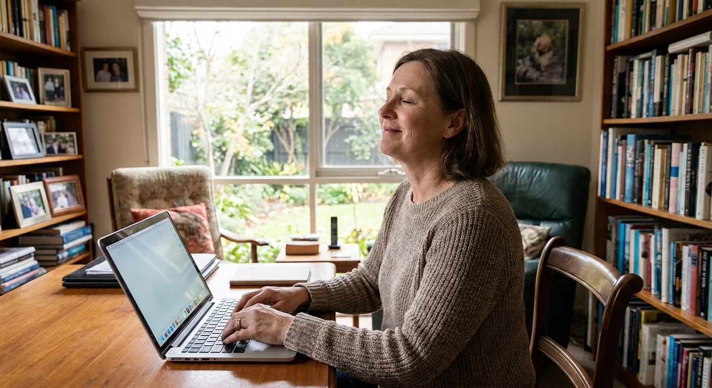 Professional computer clean-out in Camberwell (3124) — a happy Victoria resident at home with a spotless, fast, quiet machine