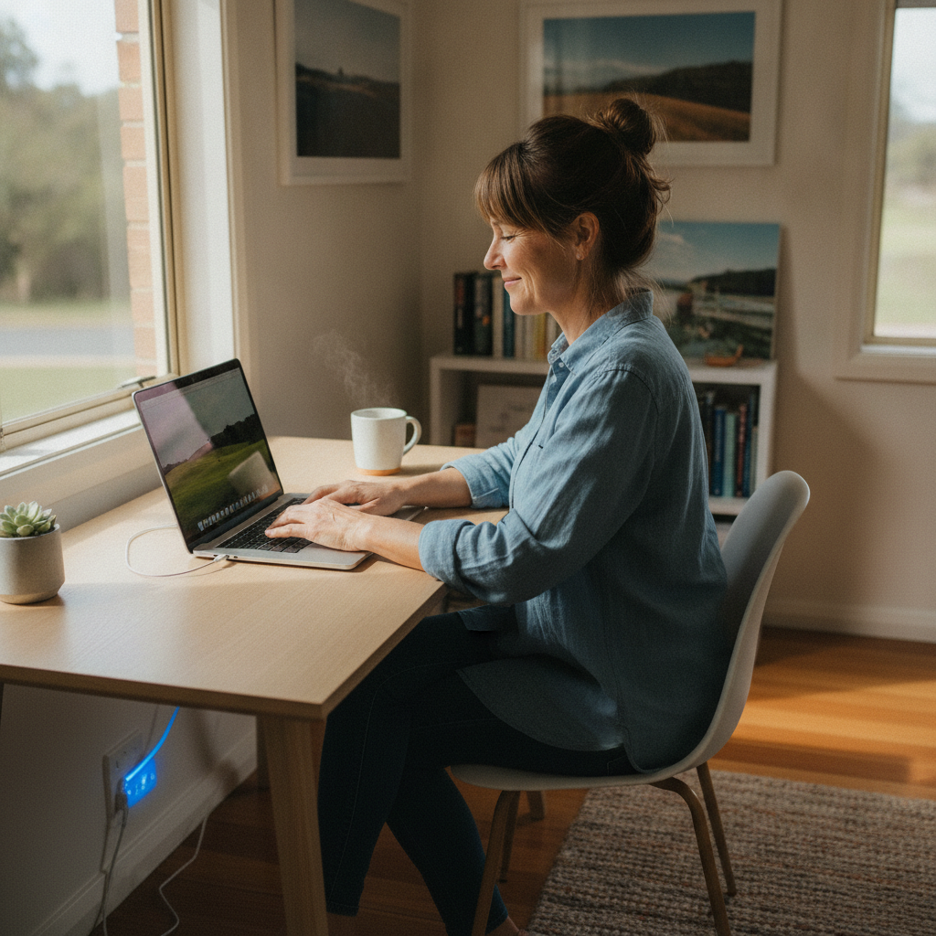 Professional computer clean-out in Cameron Park (2285) — a happy New South Wales resident at home with a spotless, fast, quiet machine
