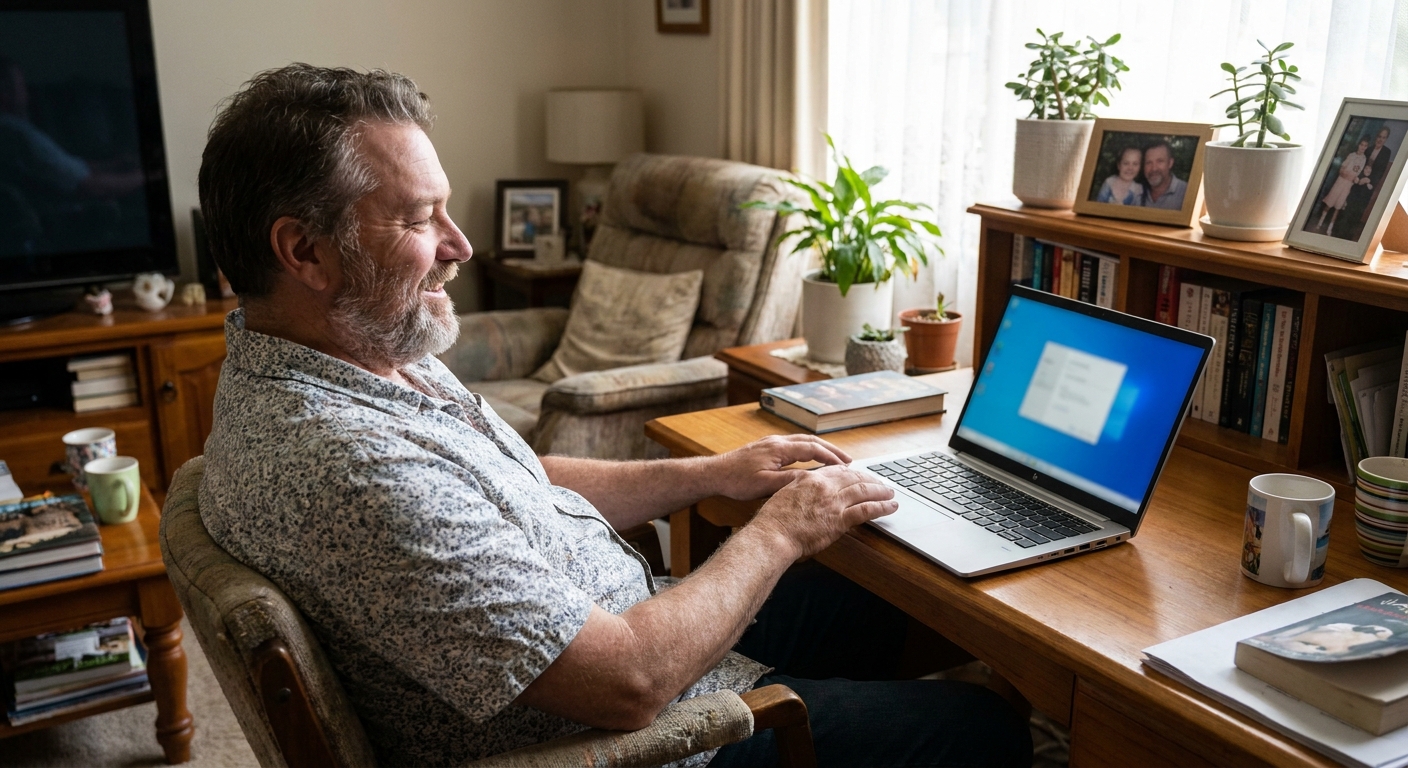 Professional computer clean-out in Campbellfield (3061) — a happy Victoria resident at home with a spotless, fast, quiet machine