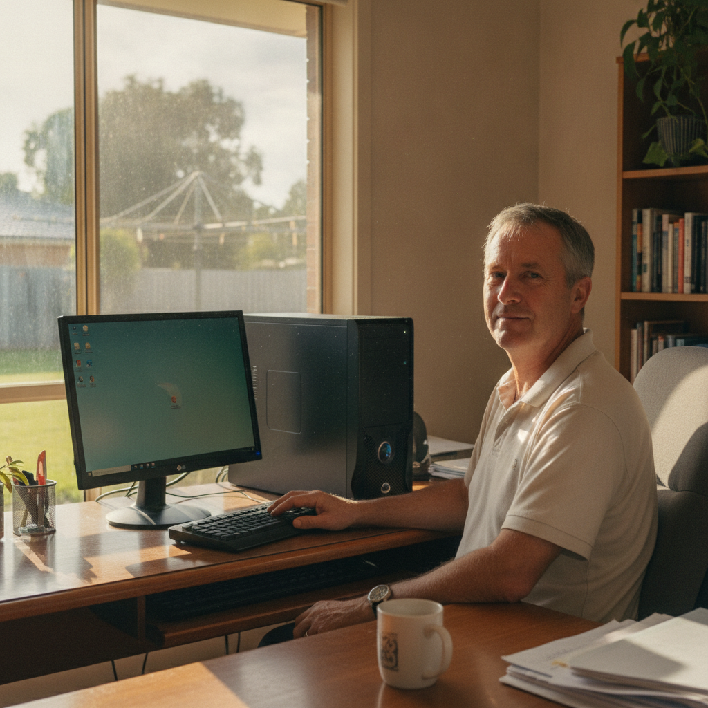 Professional computer clean-out in Caniaba (2480) — a happy New South Wales resident at home with a spotless, fast, quiet machine