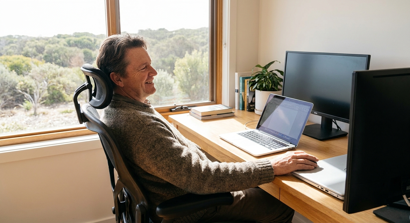 Professional computer clean-out in Cape Schanck (3939) — a happy Victoria resident at home with a spotless, fast, quiet machine