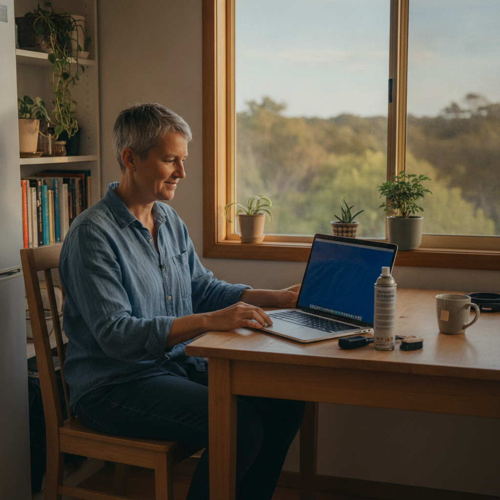 Professional computer clean-out in Carrabolla (2311) — a happy New South Wales resident at home with a spotless, fast, quiet machine
