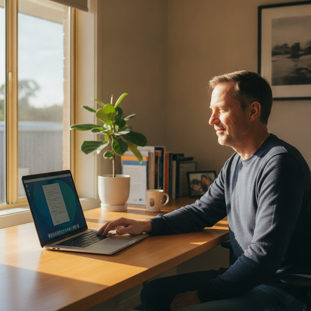 Professional computer clean-out in Casey (7151) — a happy Tasmania resident at home with a spotless, fast, quiet machine