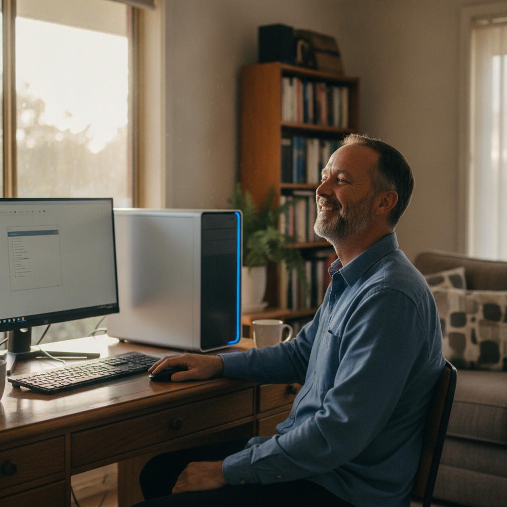Professional computer clean-out in Casino (2470) — a happy New South Wales resident at home with a spotless, fast, quiet machine