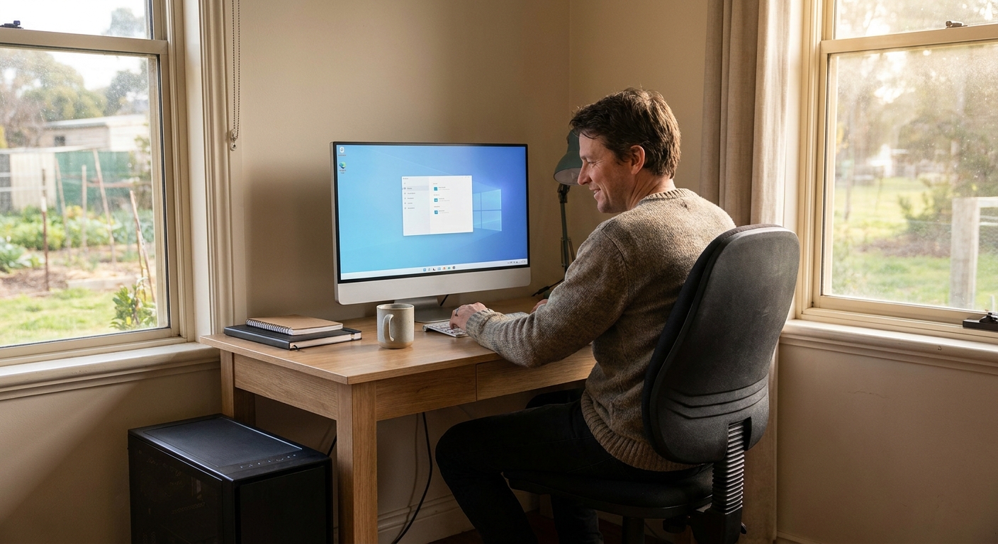 Professional computer clean-out in Catani (3981) — a happy Victoria resident at home with a spotless, fast, quiet machine