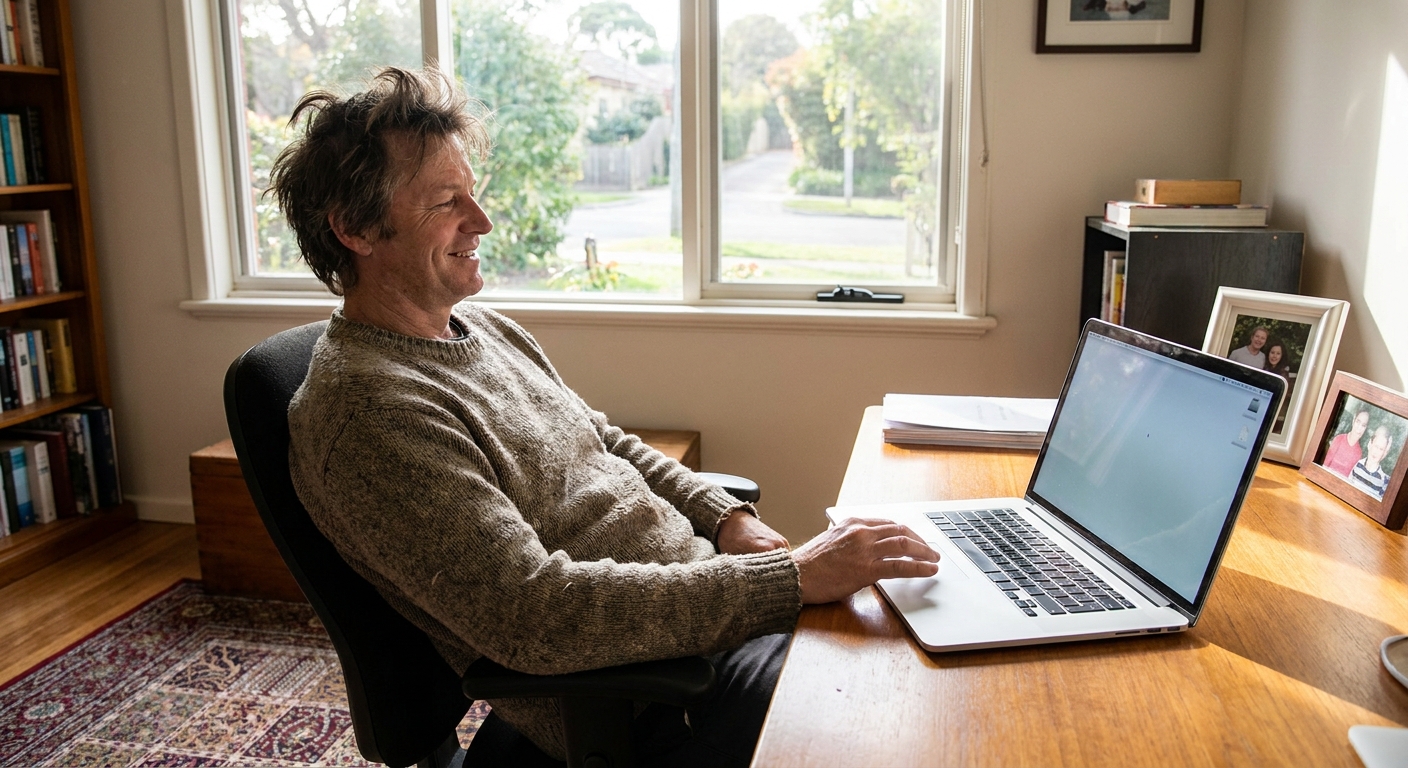 Professional computer clean-out in Caulfield Junction (3161) — a happy Victoria resident at home with a spotless, fast, quiet machine