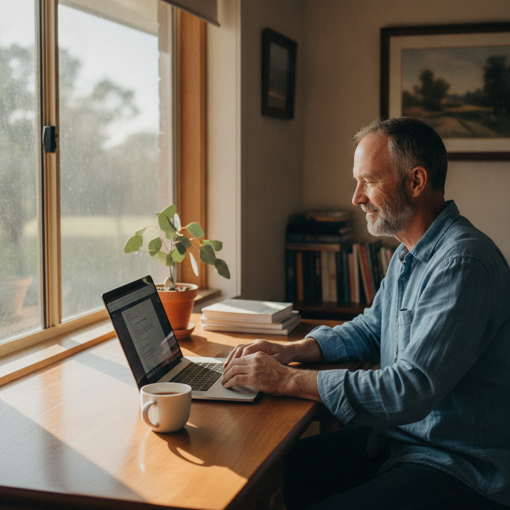 Professional computer clean-out in Cedar Brush Creek (2259) — a happy New South Wales resident at home with a spotless, fast, quiet machine
