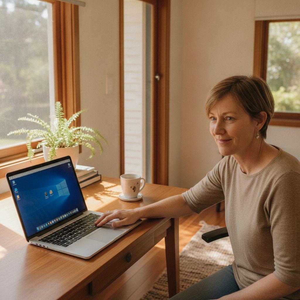 Professional computer clean-out in Cedar Creek (4207) — a happy Queensland resident at home with a spotless, fast, quiet machine