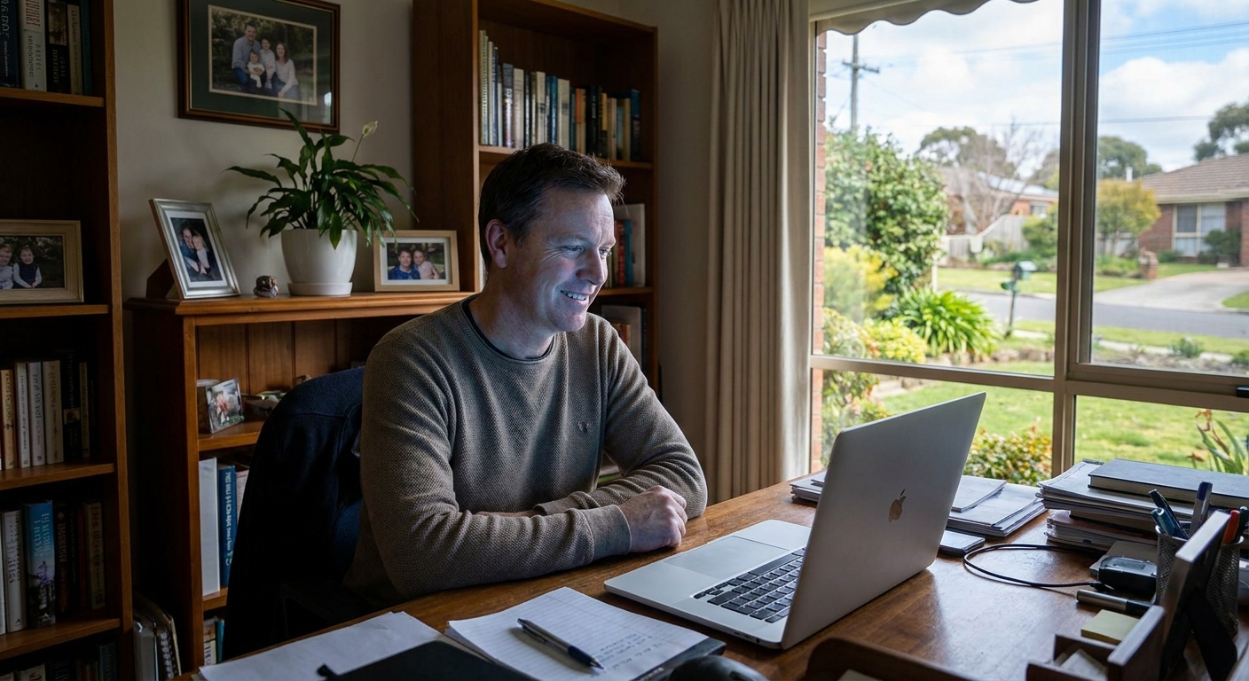 Professional computer clean-out in Chirnside Park (3116) — a happy Victoria resident at home with a spotless, fast, quiet machine