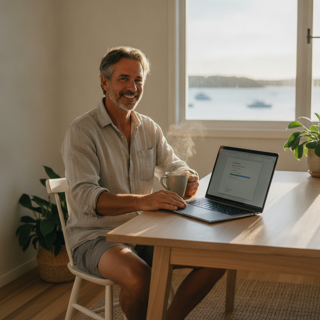 Professional computer clean-out in Church Point (2105) — a happy New South Wales resident at home with a spotless, fast, quiet machine