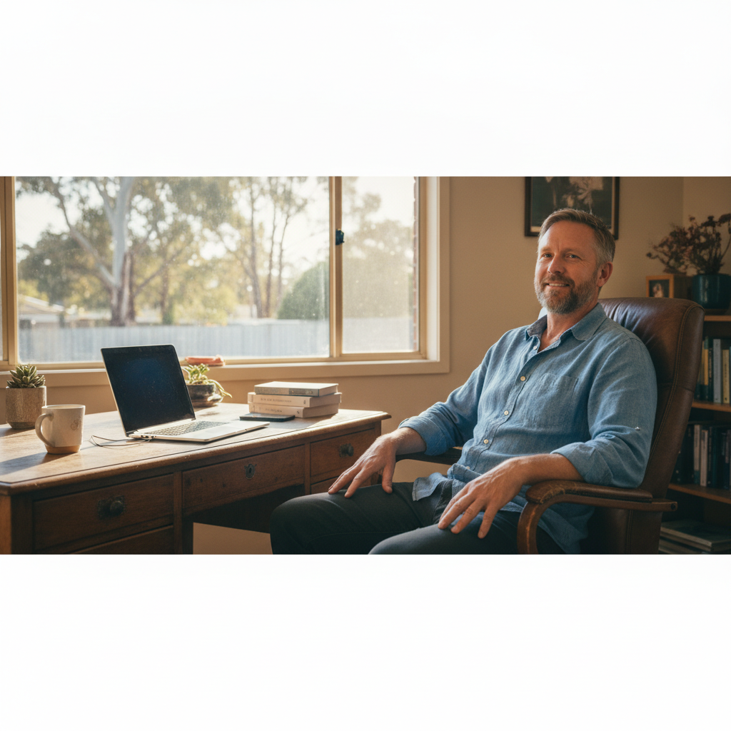 Professional computer clean-out in Churchill (3842) — a happy Victoria resident at home with a spotless, fast, quiet machine