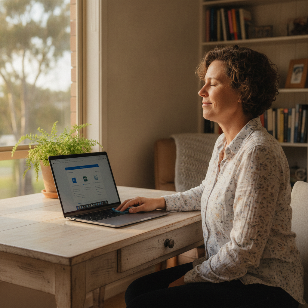 Professional computer clean-out in Clare (2711) — a happy New South Wales resident at home with a spotless, fast, quiet machine