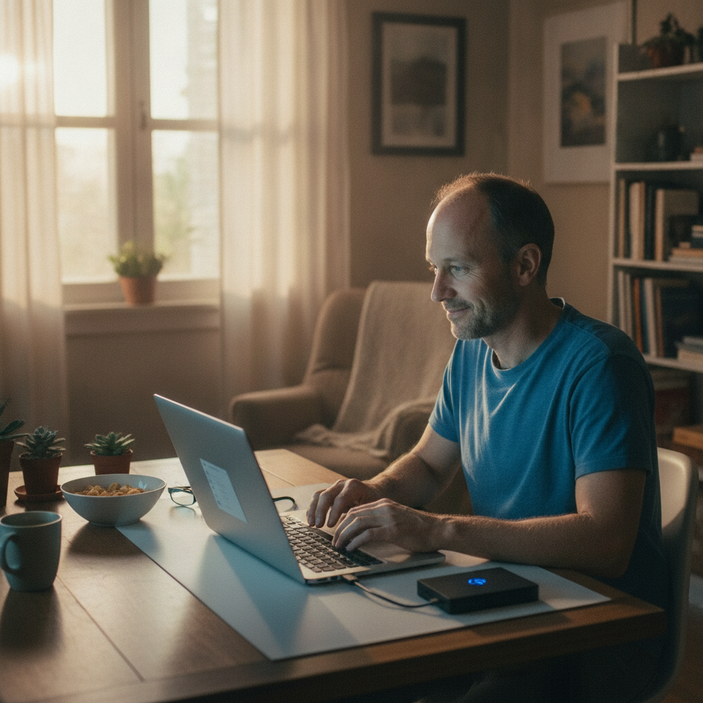 Professional computer clean-out in Claremont North (6010) — a happy Western Australia resident at home with a spotless, fast, quiet machine
