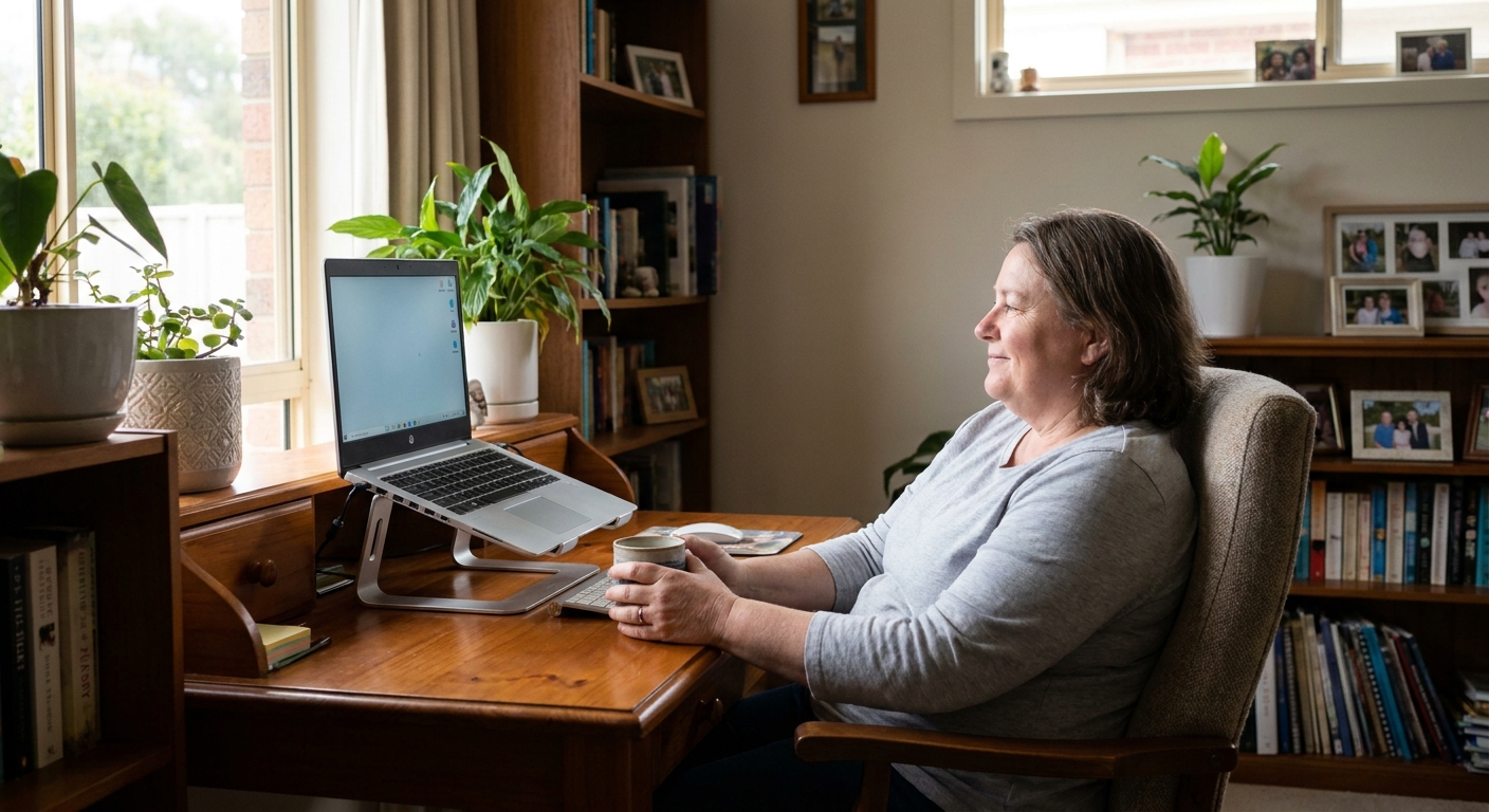Professional computer clean-out in Clayton (3168) — a happy Victoria resident at home with a spotless, fast, quiet machine