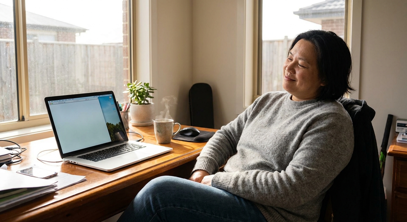 Professional computer clean-out in Clyde North (3978) — a happy Victoria resident at home with a spotless, fast, quiet machine