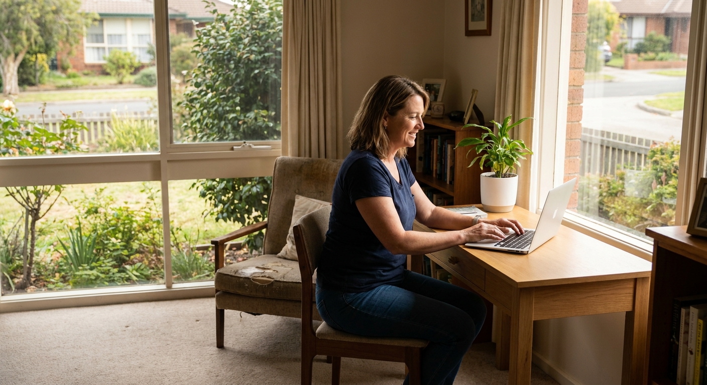 Professional computer clean-out in Clydebank (3851) — a happy Victoria resident at home with a spotless, fast, quiet machine