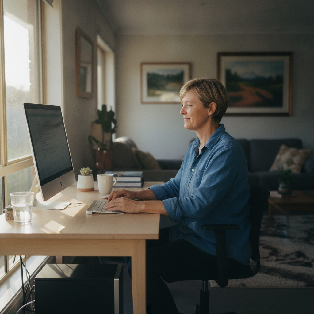 Professional computer clean-out in Collingwood Park (6330) — a happy Western Australia resident at home with a spotless, fast, quiet machine