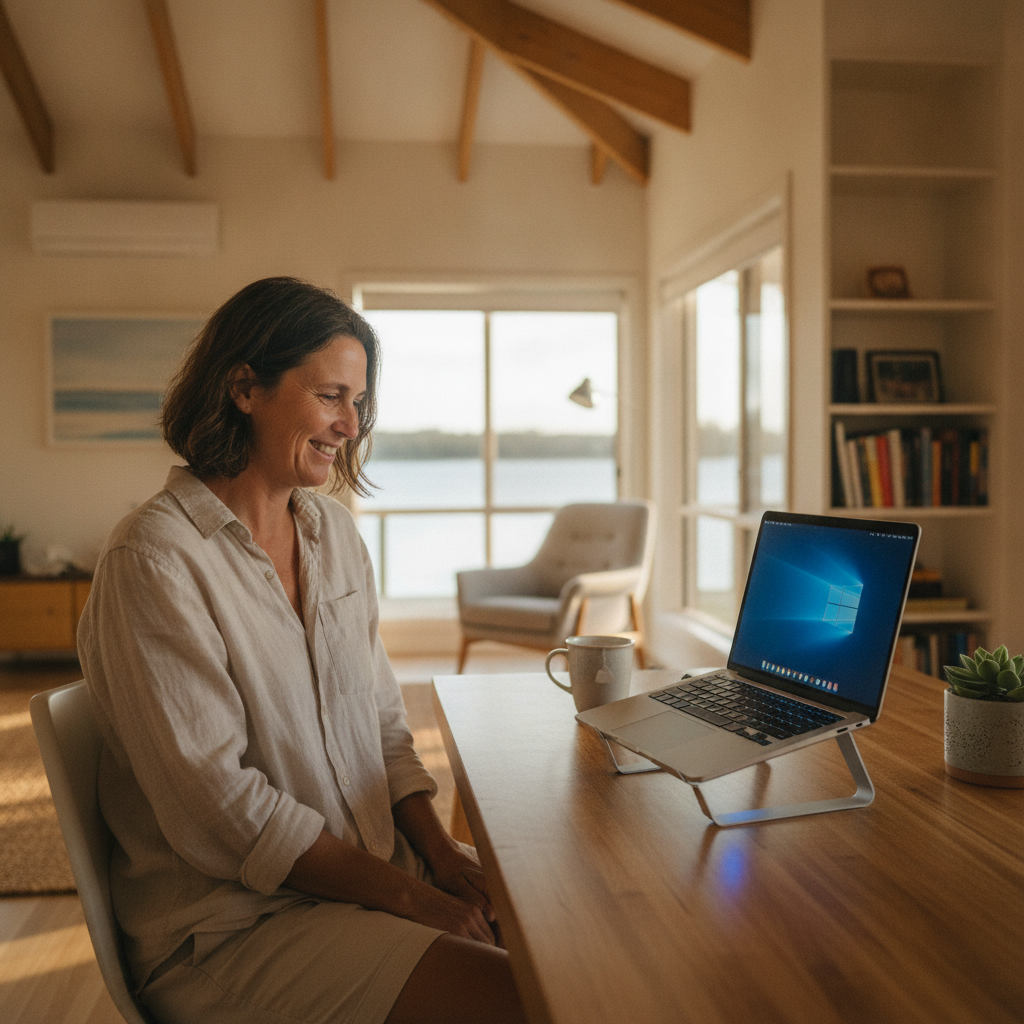 Professional computer clean-out in Comerong Island (2540) — a happy New South Wales resident at home with a spotless, fast, quiet machine