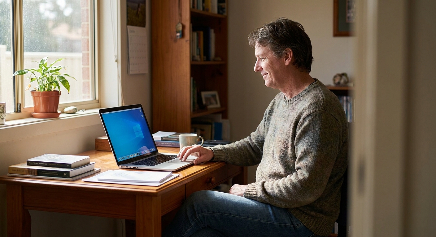 Professional computer clean-out in Conder (2906) — a happy the ACT resident at home with a spotless, fast, quiet machine