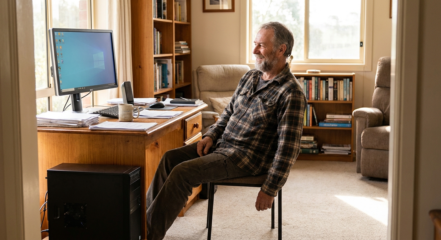 Professional computer clean-out in Cora Lynn (3814) — a happy Victoria resident at home with a spotless, fast, quiet machine