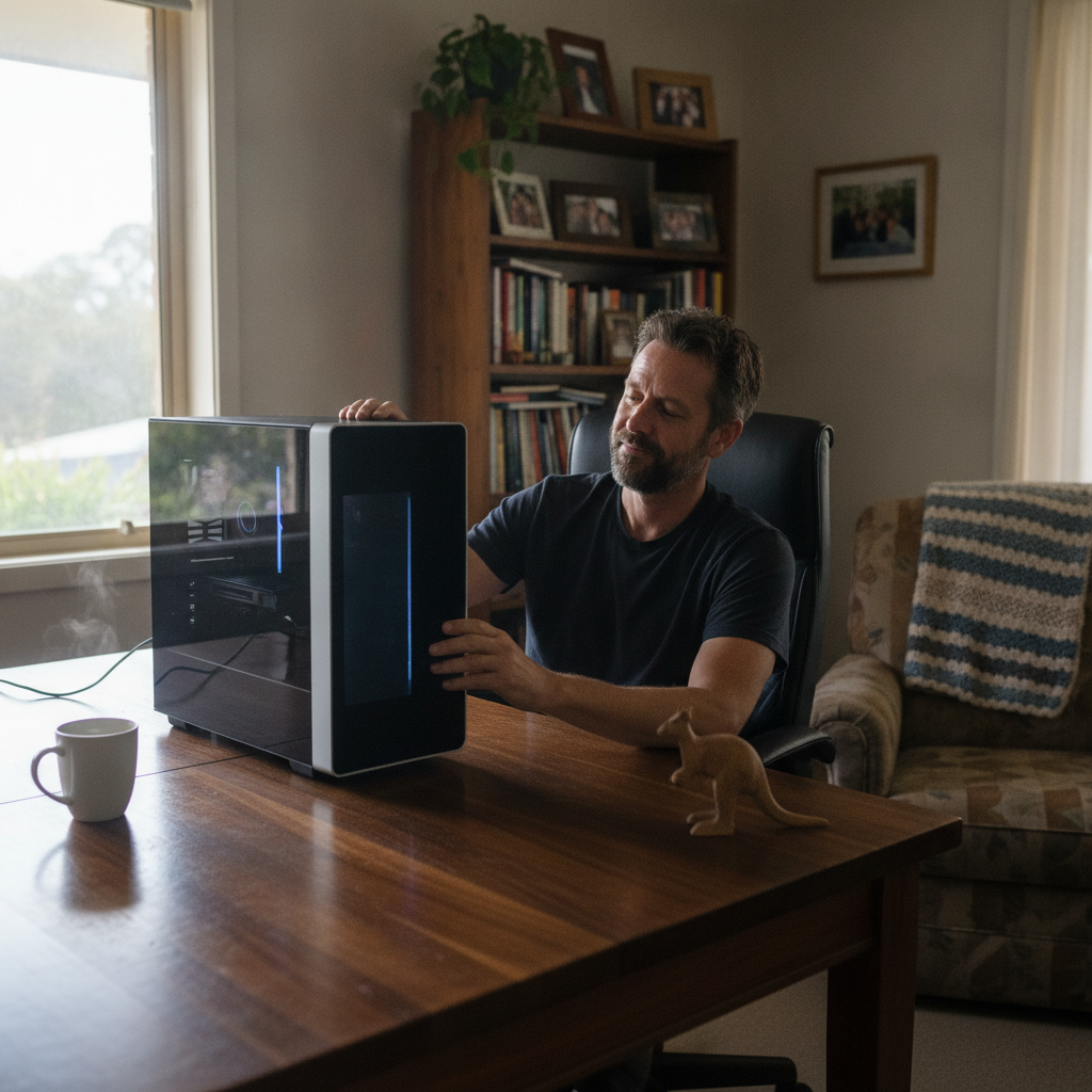 Professional computer clean-out in Coramba (2450) — a happy New South Wales resident at home with a spotless, fast, quiet machine