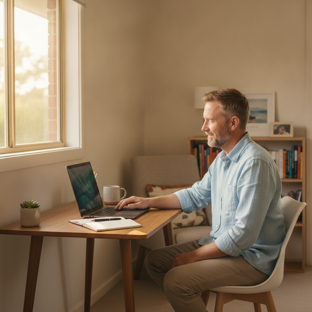 Professional computer clean-out in Corinda (4075) — a happy Queensland resident at home with a spotless, fast, quiet machine