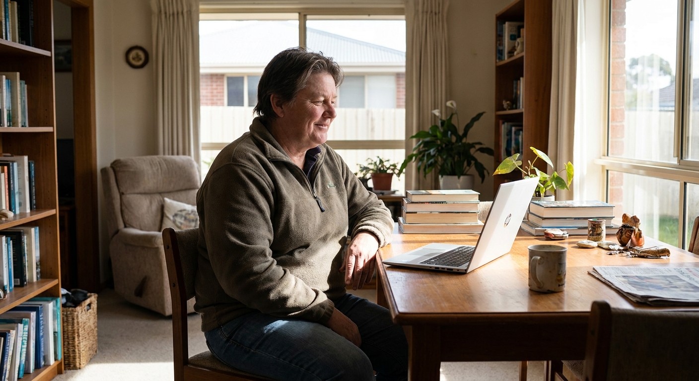 Professional computer clean-out in Corio (3214) — a happy Victoria resident at home with a spotless, fast, quiet machine