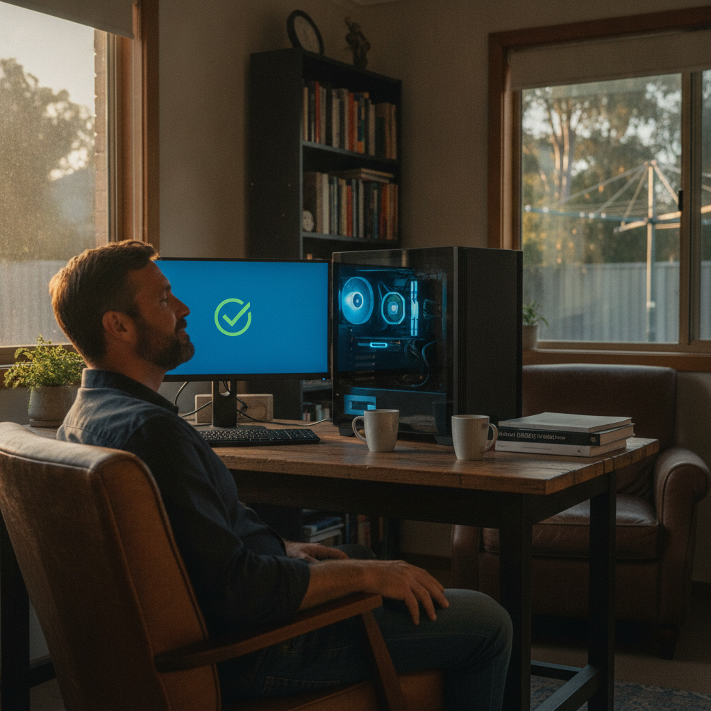 Computer cleaning in Corney Town (2790) — a local resident at home with a clean, fast, dust-free computer running cool and quiet