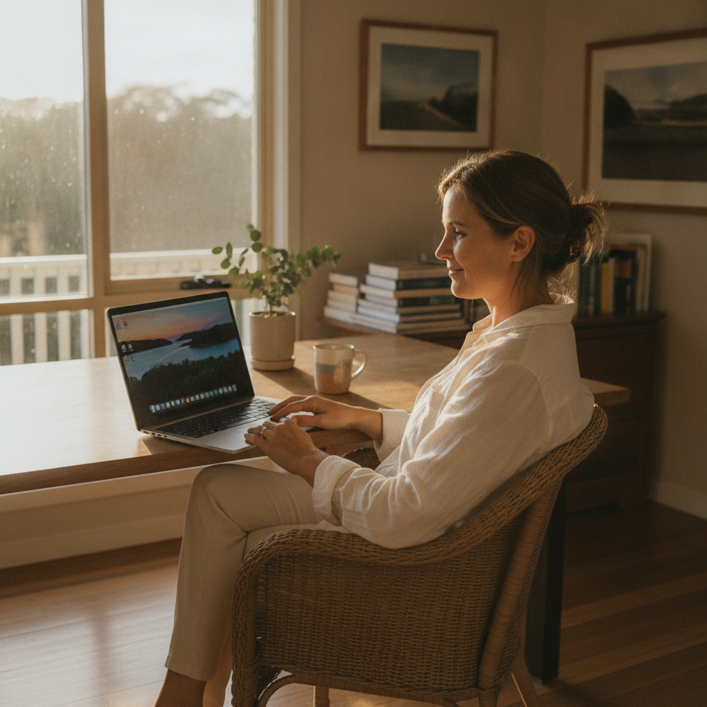 Professional computer clean-out in Cottage Point (2084) — a happy New South Wales resident at home with a spotless, fast, quiet machine