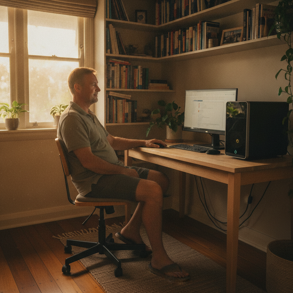 Professional computer clean-out in Crestmead (4132) — a happy Queensland resident at home with a spotless, fast, quiet machine