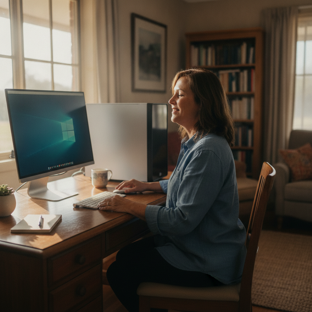 Professional computer clean-out in Crooble (2400) — a happy New South Wales resident at home with a spotless, fast, quiet machine