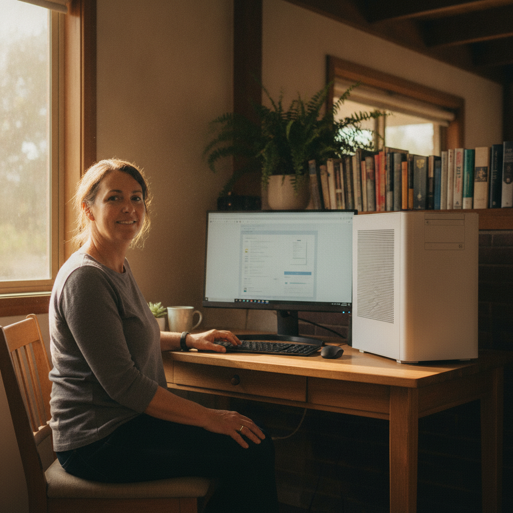 Professional computer clean-out in Crowther (2803) — a happy New South Wales resident at home with a spotless, fast, quiet machine