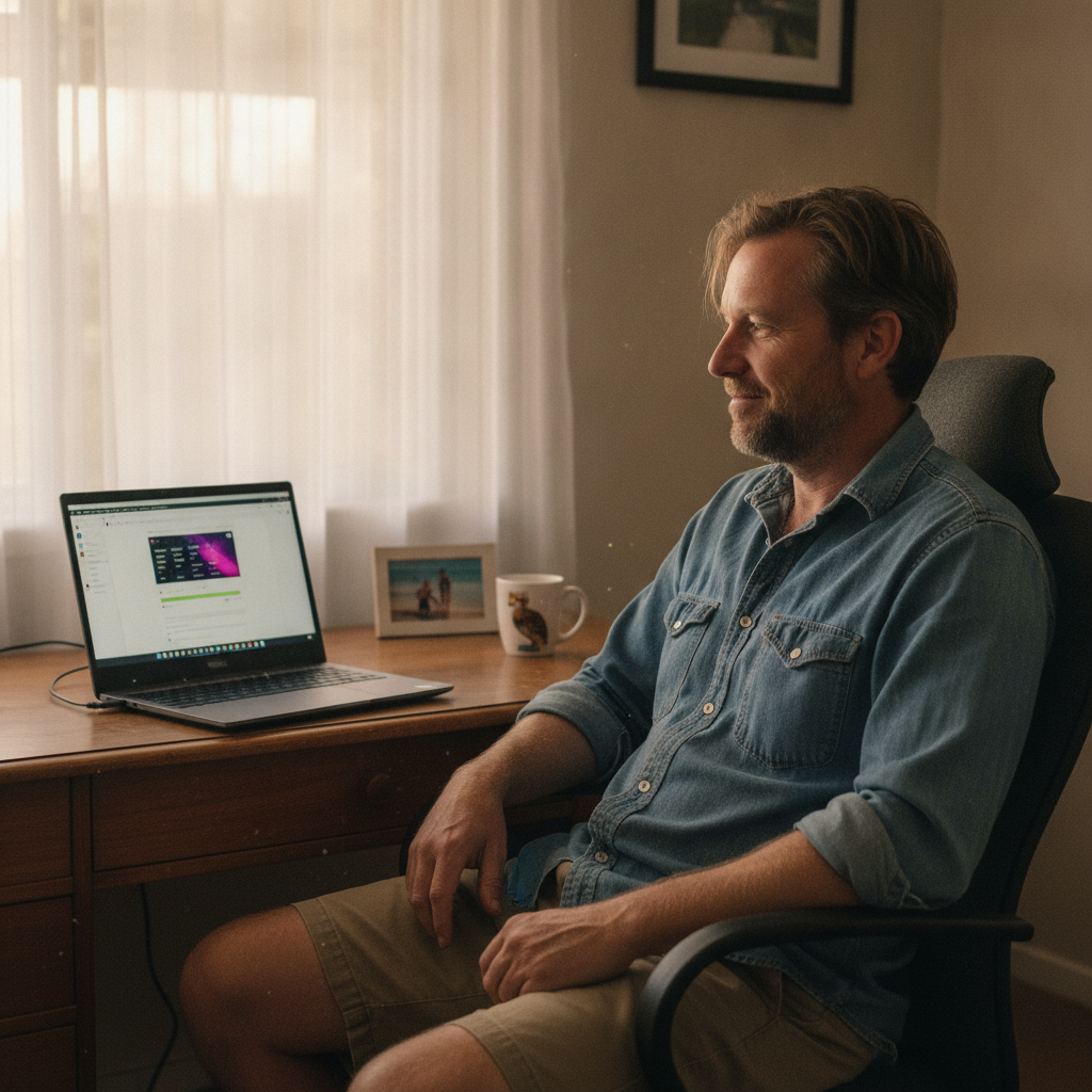 Professional computer clean-out in Dalmeny (2546) — a happy New South Wales resident at home with a spotless, fast, quiet machine