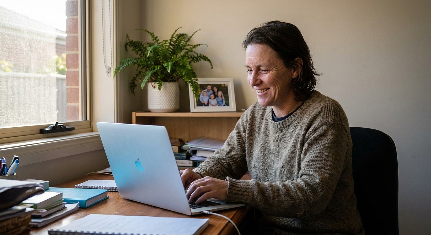 Professional computer clean-out in Dandenong (3175) — a happy Victoria resident at home with a spotless, fast, quiet machine