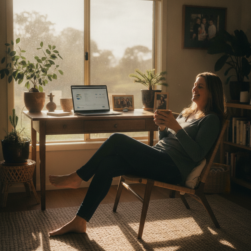 Professional computer clean-out in Dardanup (6236) — a happy Western Australia resident at home with a spotless, fast, quiet machine