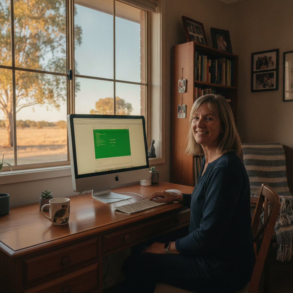 Professional computer clean-out in Darlow (2729) — a happy New South Wales resident at home with a spotless, fast, quiet machine
