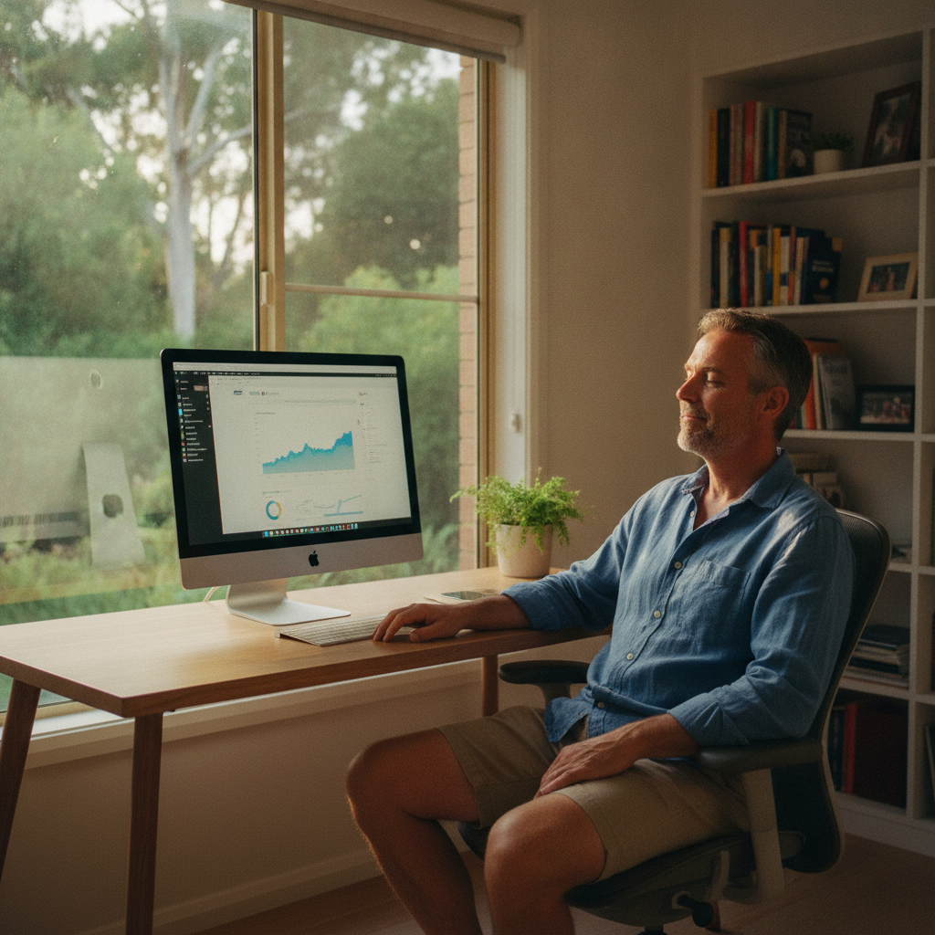 Professional computer clean-out in Davidson (2085) — a happy New South Wales resident at home with a spotless, fast, quiet machine