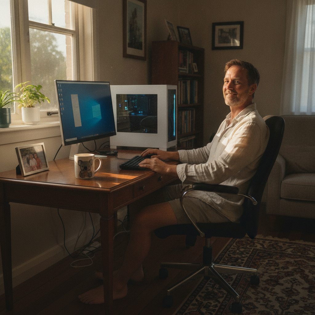 Professional computer clean-out in Deagon (4017) — a happy Queensland resident at home with a spotless, fast, quiet machine