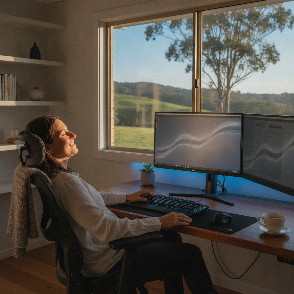 Professional computer clean-out in Deer Vale (2453) — a happy New South Wales resident at home with a spotless, fast, quiet machine