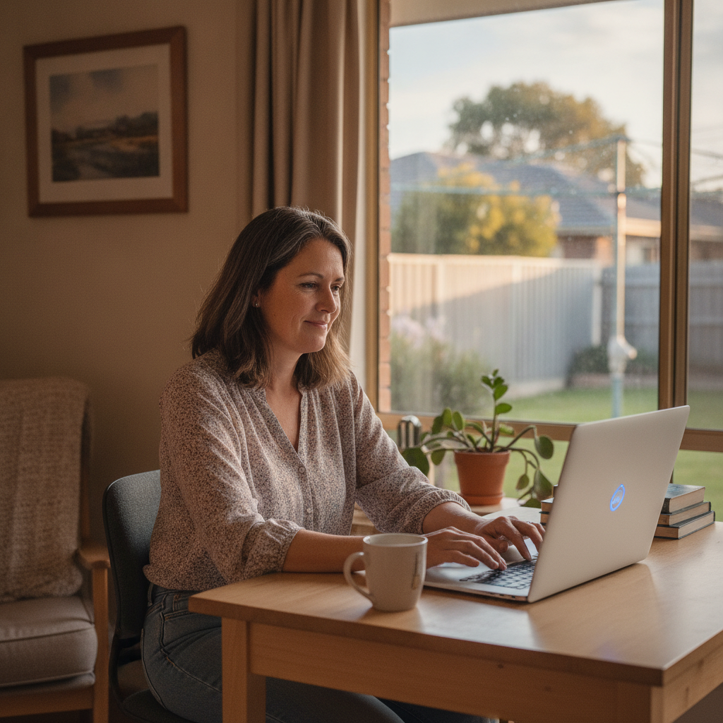 Professional computer clean-out in Delroy Gardens (2830) — a happy New South Wales resident at home with a spotless, fast, quiet machine
